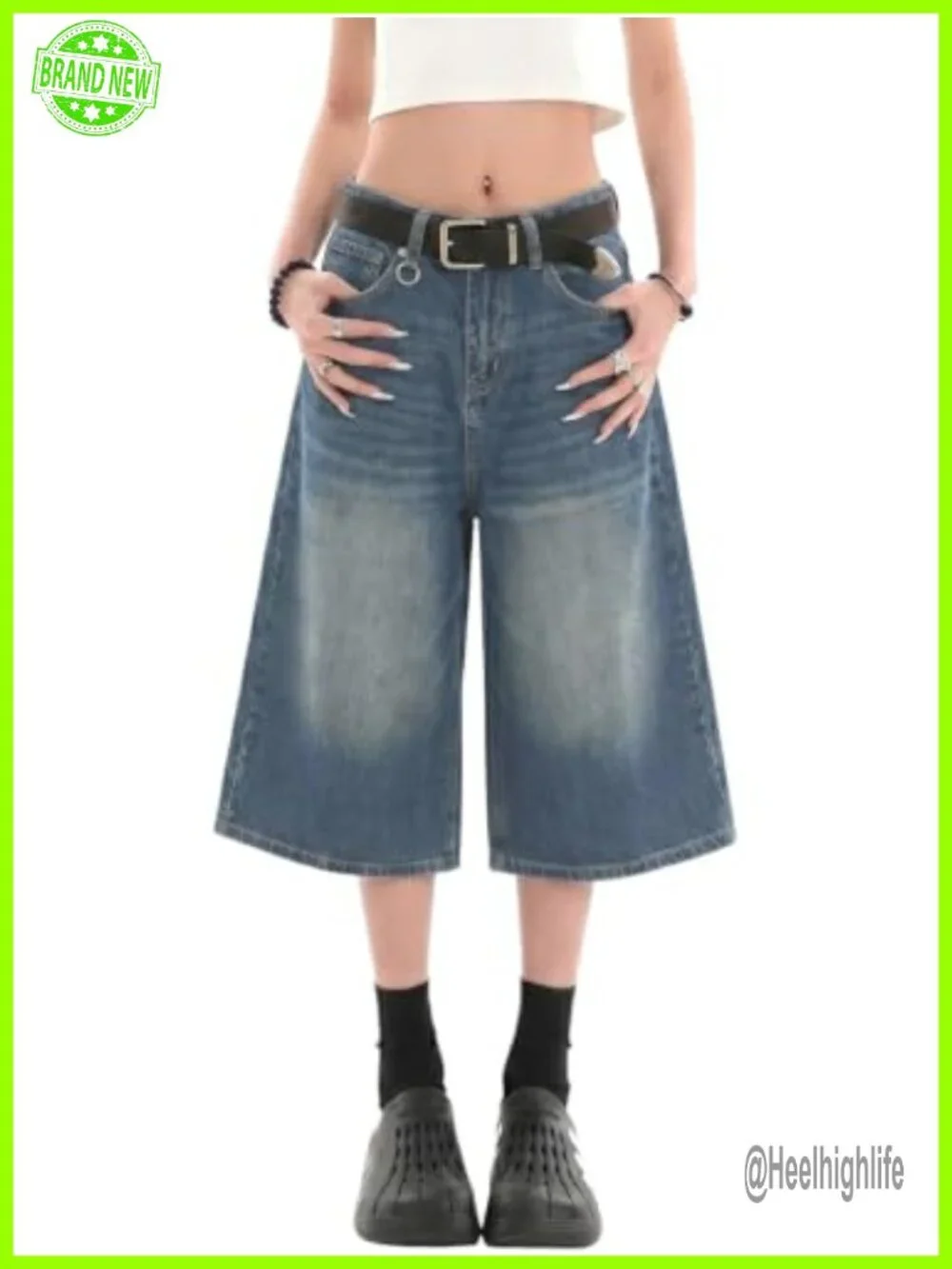 Womens Baggy Capri Jean Shorts Wide Leg Long Y2K Cotton Denim Summer